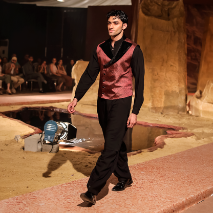 Black PV Kameez Shalwar with Red Printed Silk Waistcoat