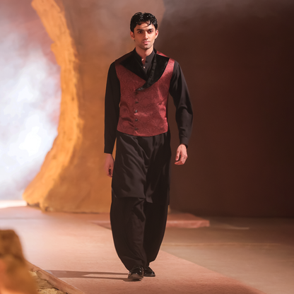 Black PV Kameez Shalwar with Red Printed Silk Waistcoat