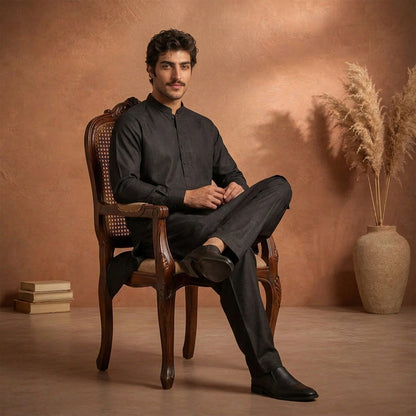 Black Raw Silk Plain Kurta Pajama