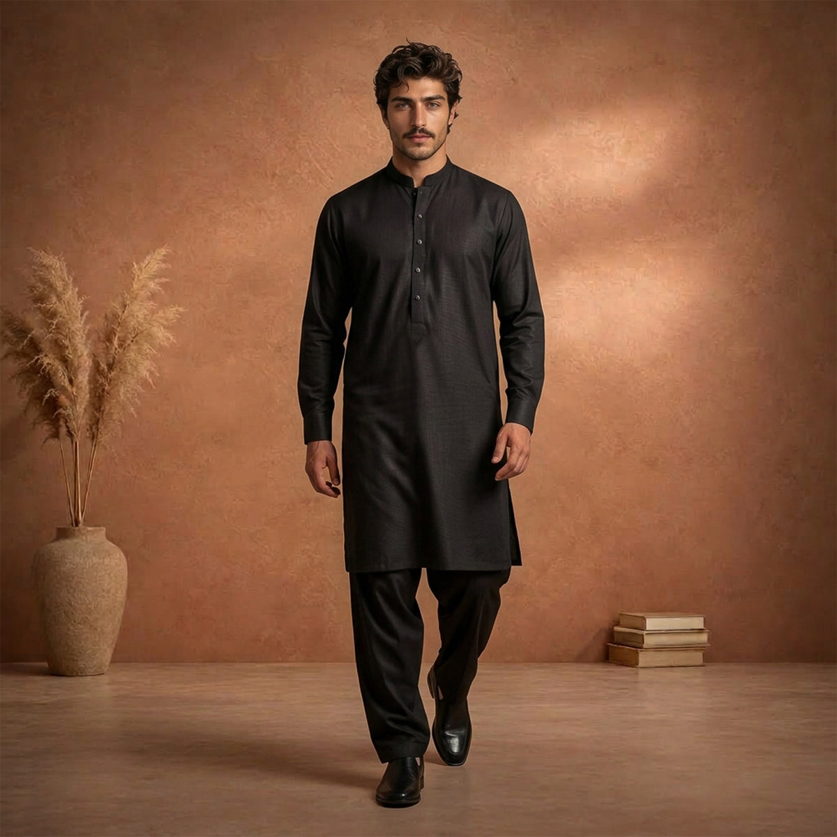 Black Raw Silk Plain Kurta Pajama