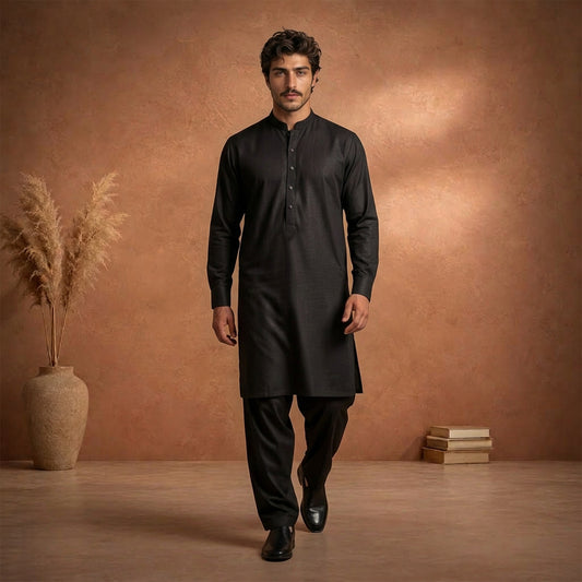 Black Raw Silk Plain Kurta Pajama