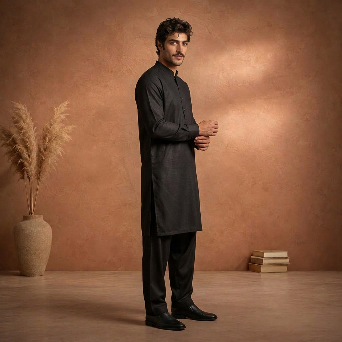 Black Raw Silk Plain Kurta Pajama