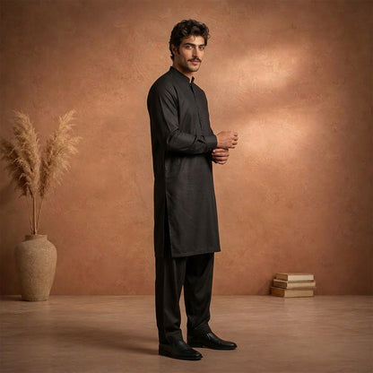 Black Raw Silk Plain Kurta Pajama