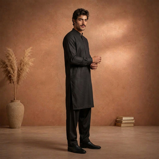 Black Raw Silk Plain Kurta Pajama