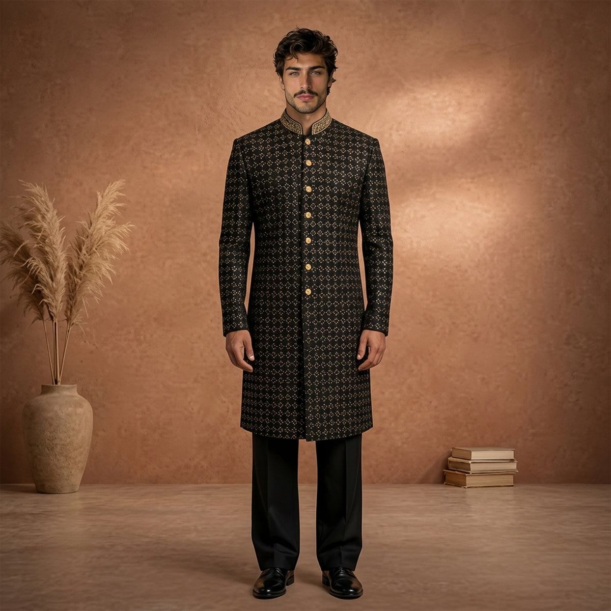 Black Sherwani Style Front Open Kurta Set