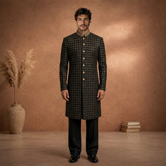 Black Sherwani Style Front Open Kurta Set