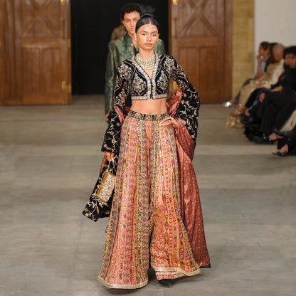 Black & Gold Embroidered Crop Jacket with Multicolor Lehenga & Velvet Shawl