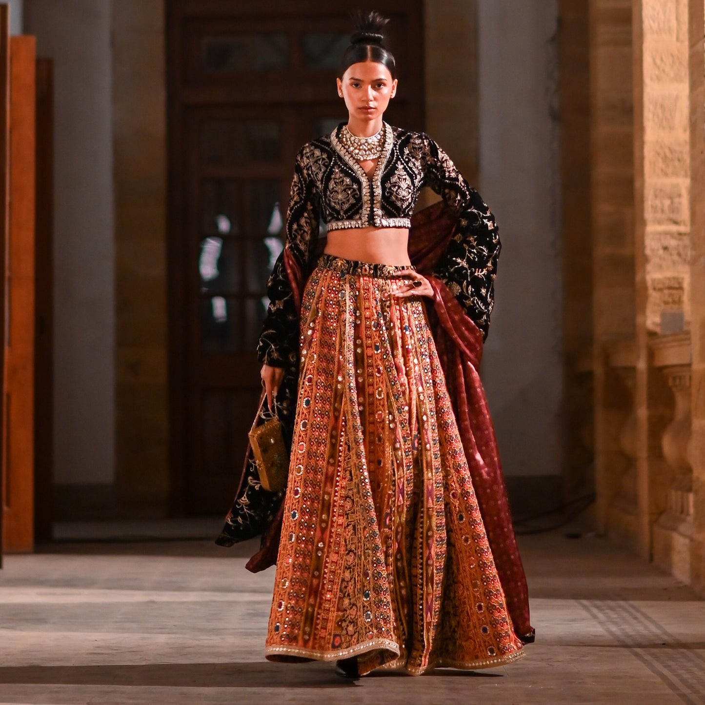 Black & Gold Embroidered Crop Jacket with Multicolor Lehenga & Velvet Shawl