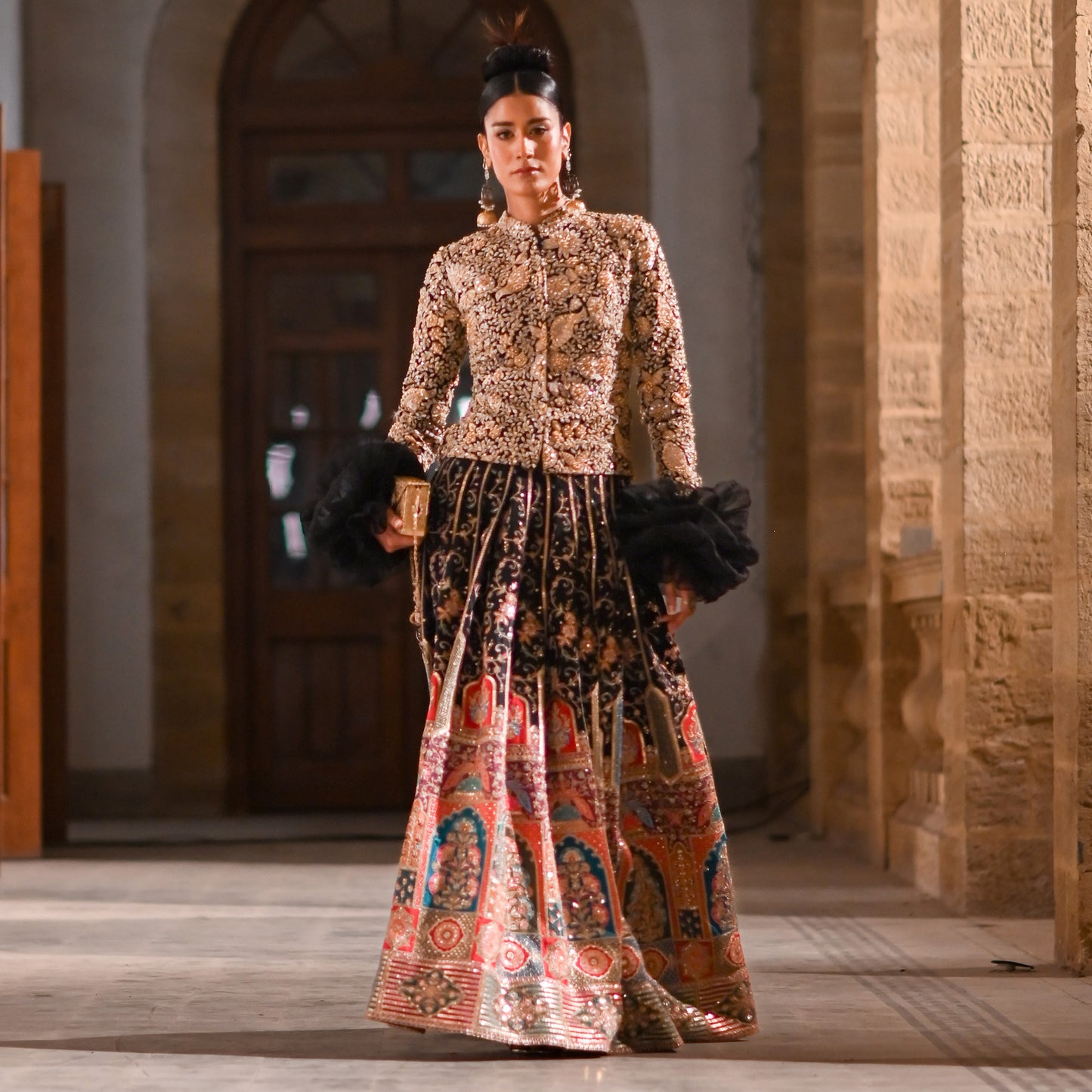 Black & Gold Embroidered Jacket with Multicolor Lehenga