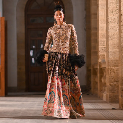 Black & Gold Embroidered Jacket with Multicolor Lehenga