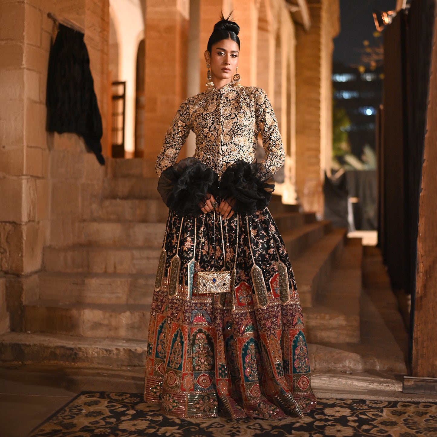 Black & Gold Embroidered Jacket with Multicolor Lehenga