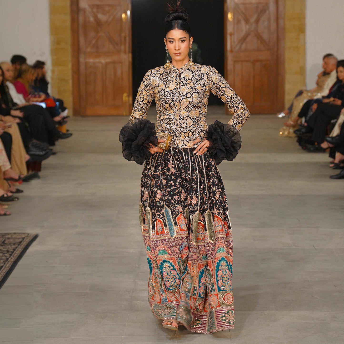 Black & Gold Embroidered Jacket with Multicolor Lehenga