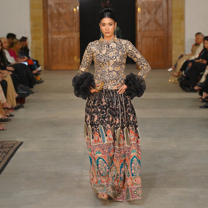 Black & Gold Embroidered Jacket with Multicolor Lehenga
