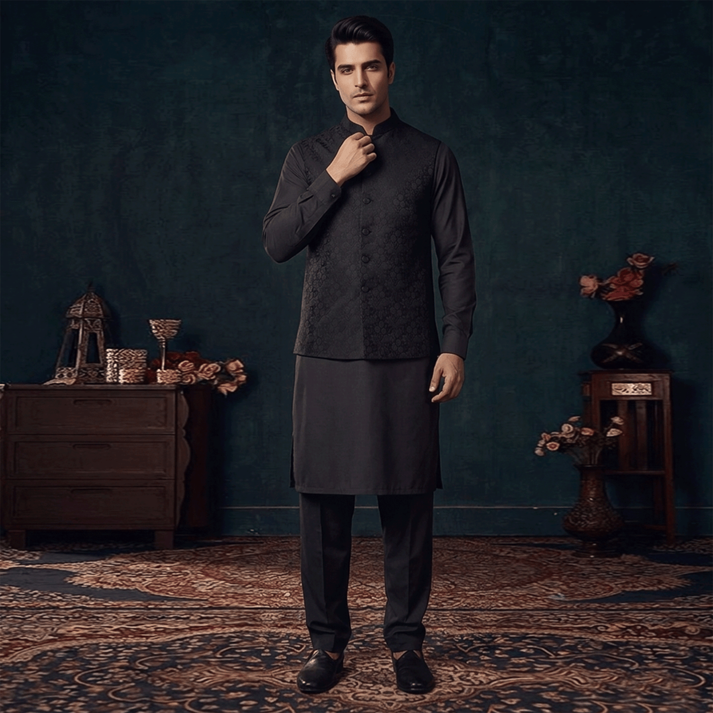 Classic Viscose Jamawar Black Waistcoat