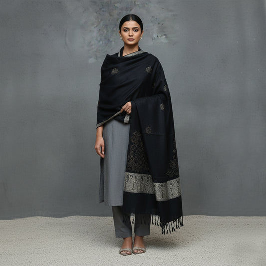 Woman wearing a black and gray patterned Shawl 