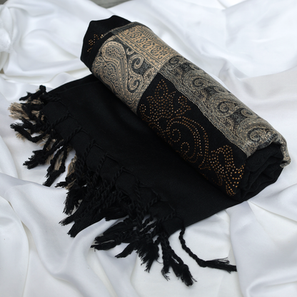 Black Woolen Shawl with gold paisley pattern and tassels 