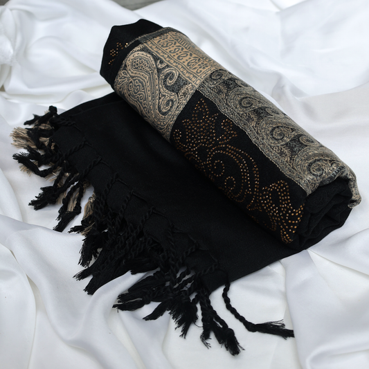 Black Woolen Shawl with gold paisley pattern and tassels 