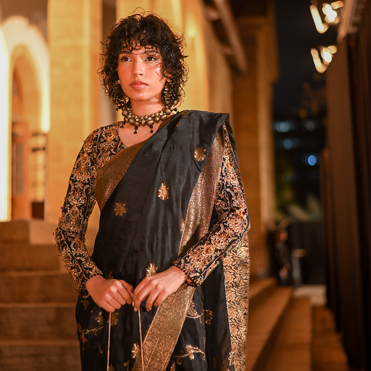 Black and Gold Couture Satin Saree Set