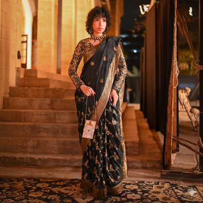 Black and Gold Couture Satin Saree Set