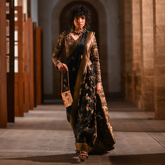Black and Gold Couture Satin Saree Set