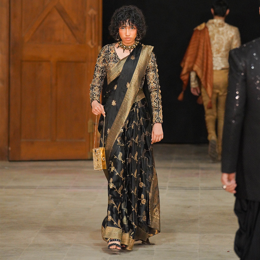 Black and Gold Couture Satin Saree Set