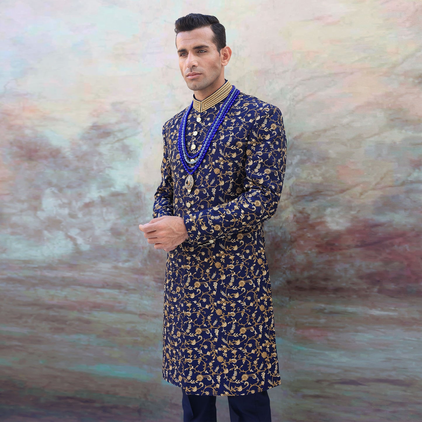 Blue Jamawar Floral Embroidered Sherwani