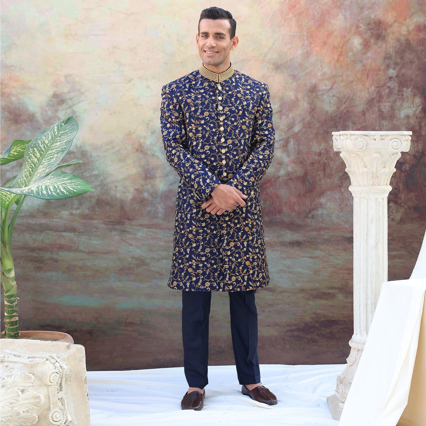 Blue Jamawar Floral Embroidered Sherwani