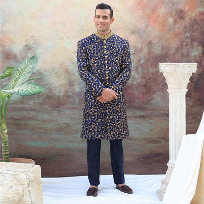 Blue Jamawar Floral Embroidered Sherwani