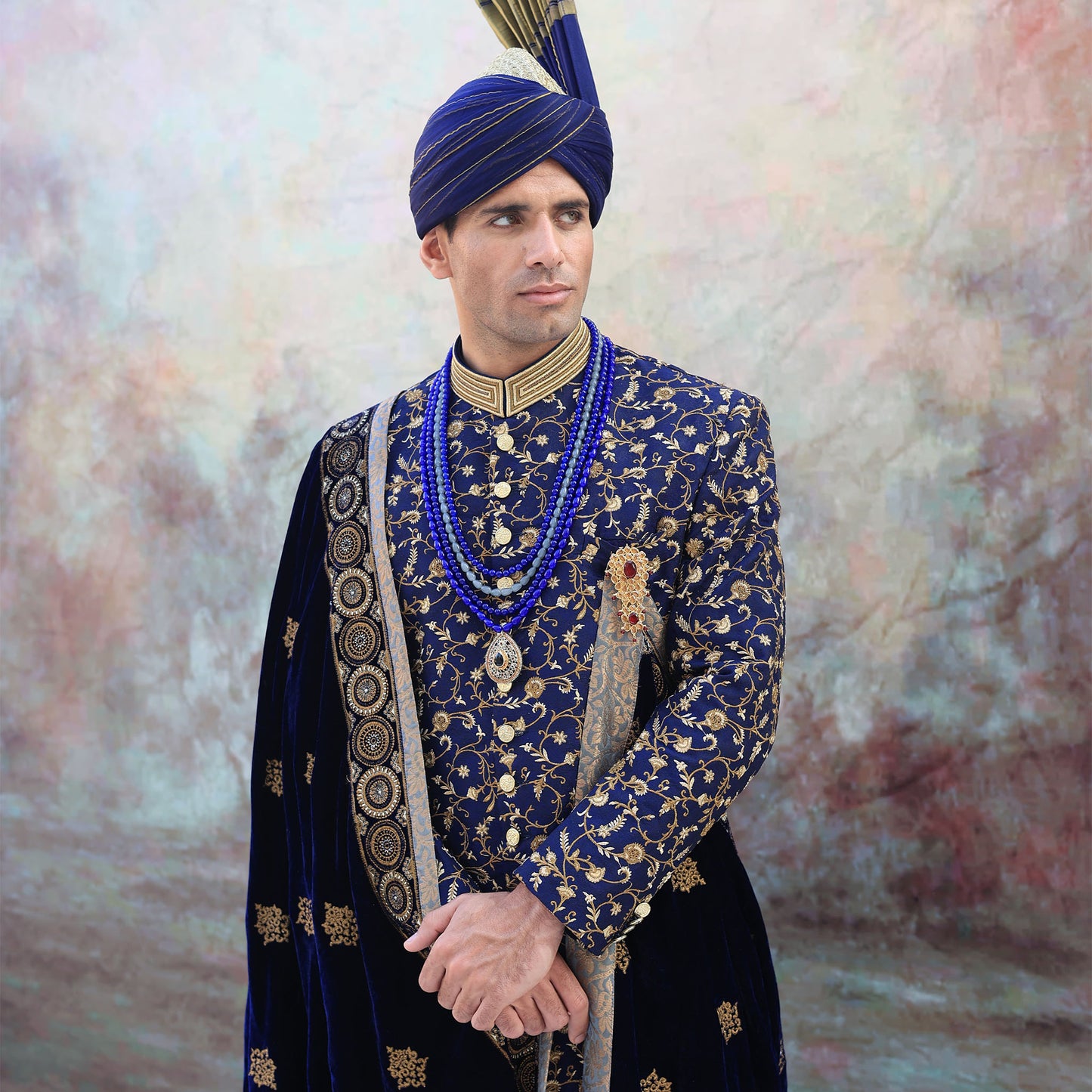 Blue Jamawar Floral Embroidered Sherwani