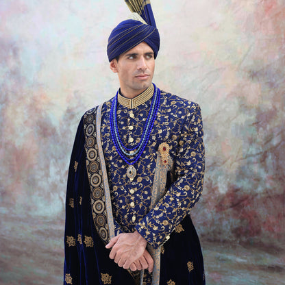 Blue Jamawar Floral Embroidered Sherwani