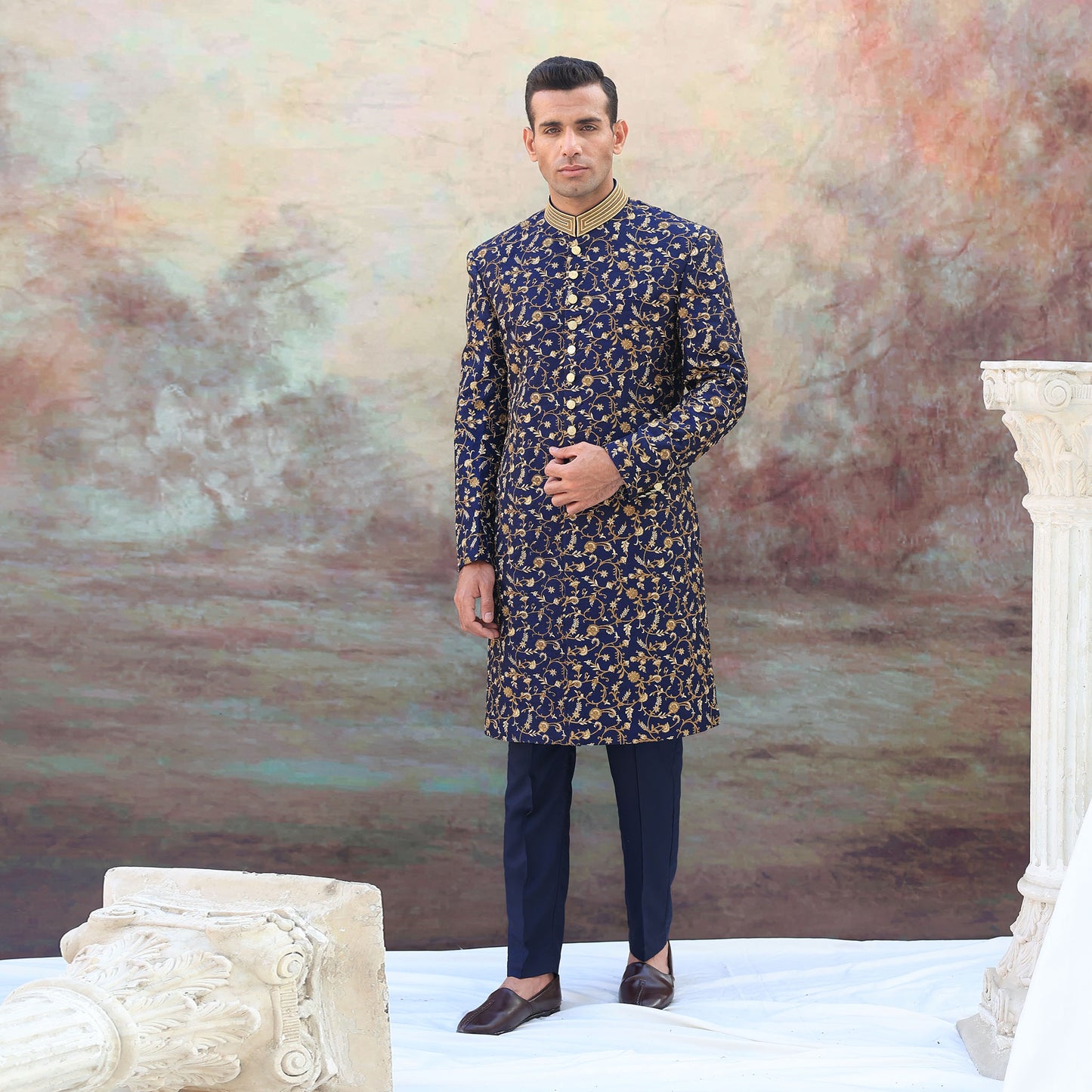 Blue Jamawar Floral Embroidered Sherwani
