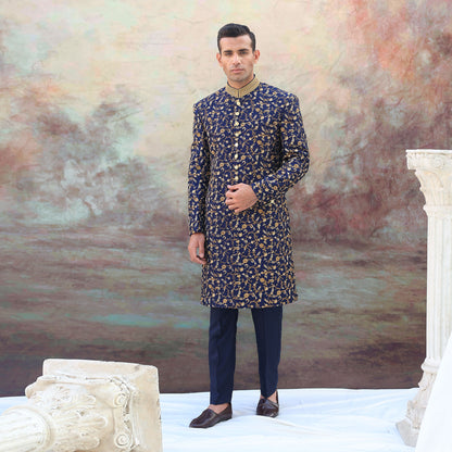Blue Jamawar Floral Embroidered Sherwani
