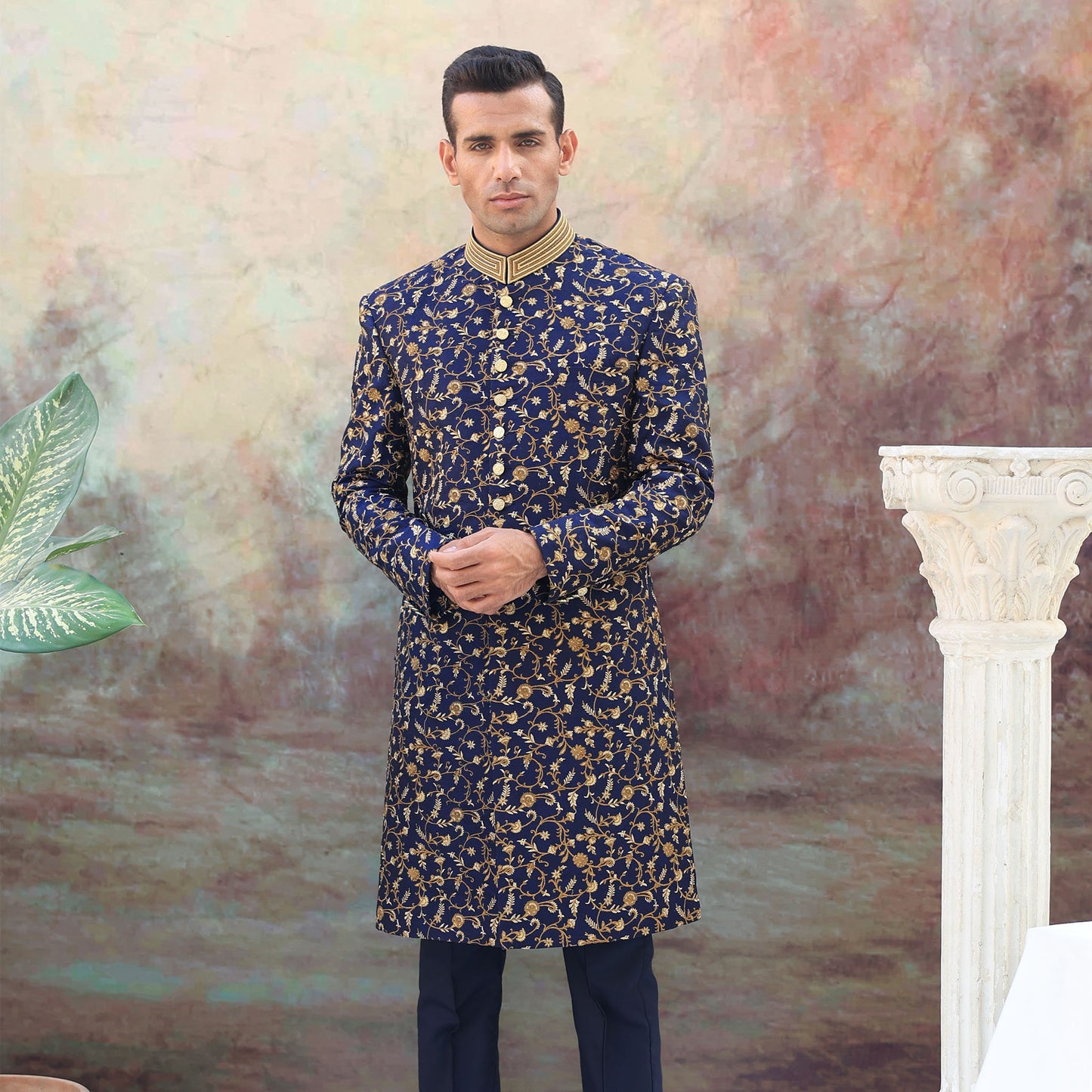 Blue Jamawar Floral Embroidered Sherwani