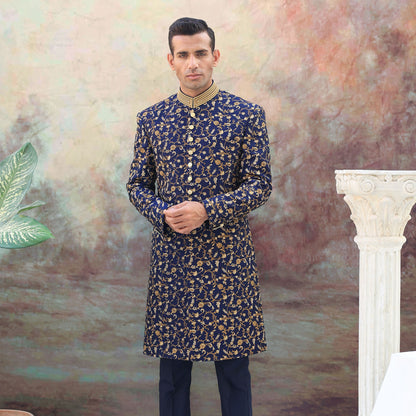 Blue Jamawar Floral Embroidered Sherwani