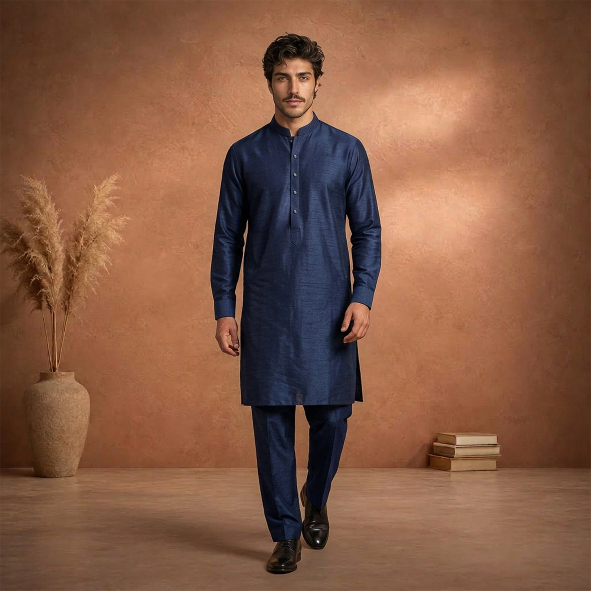 Blue Raw Silk Plain Kurta Pajama