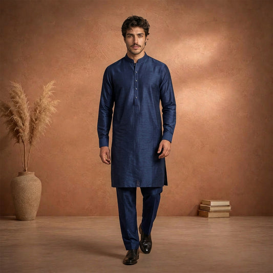 Blue Raw Silk Plain Kurta Pajama