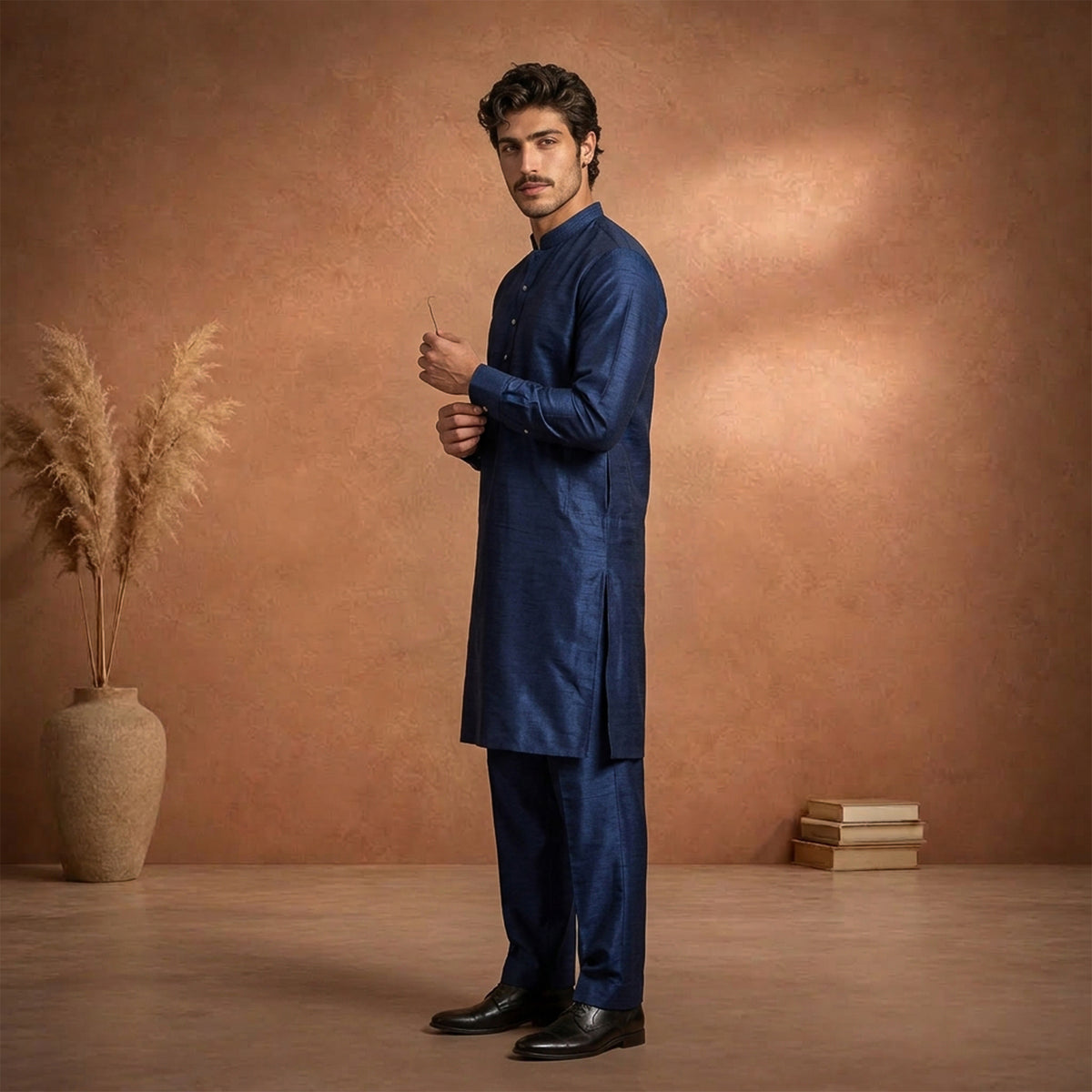 Blue Raw Silk Plain Kurta Pajama