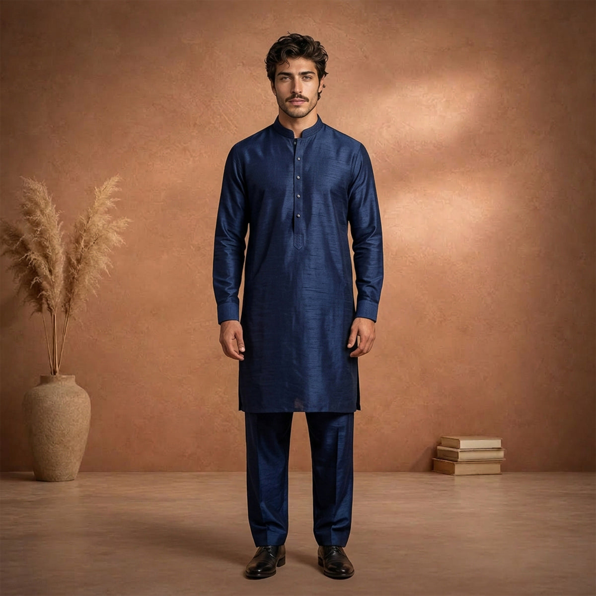Blue Raw Silk Plain Kurta Pajama