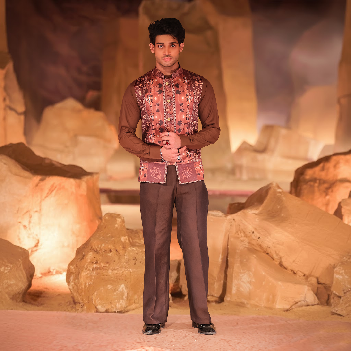 Brown PV Shirt with Gold Jamawar Pants and Nakhlistan Waistcoat
