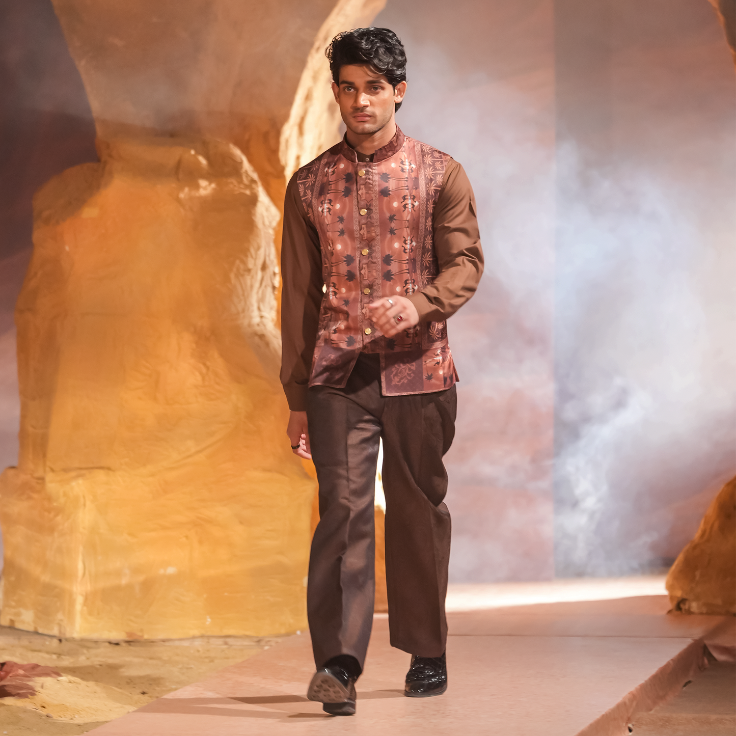 Brown PV Shirt with Gold Jamawar Pants and Nakhlistan Waistcoat