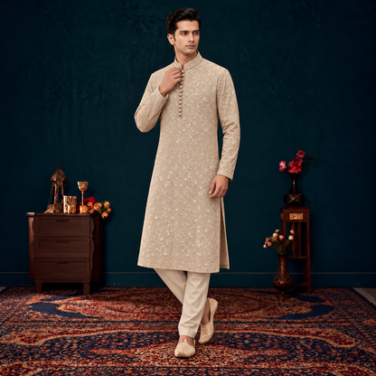 Chiffon Beige Emb Band Collar Suit