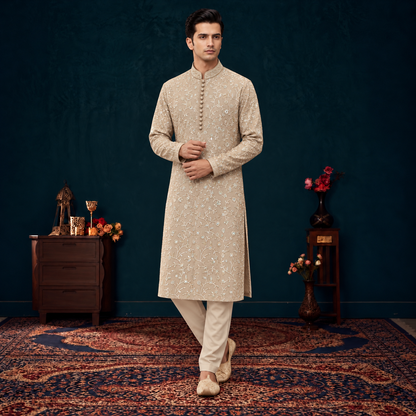 Chiffon Beige Emb Band Collar Suit