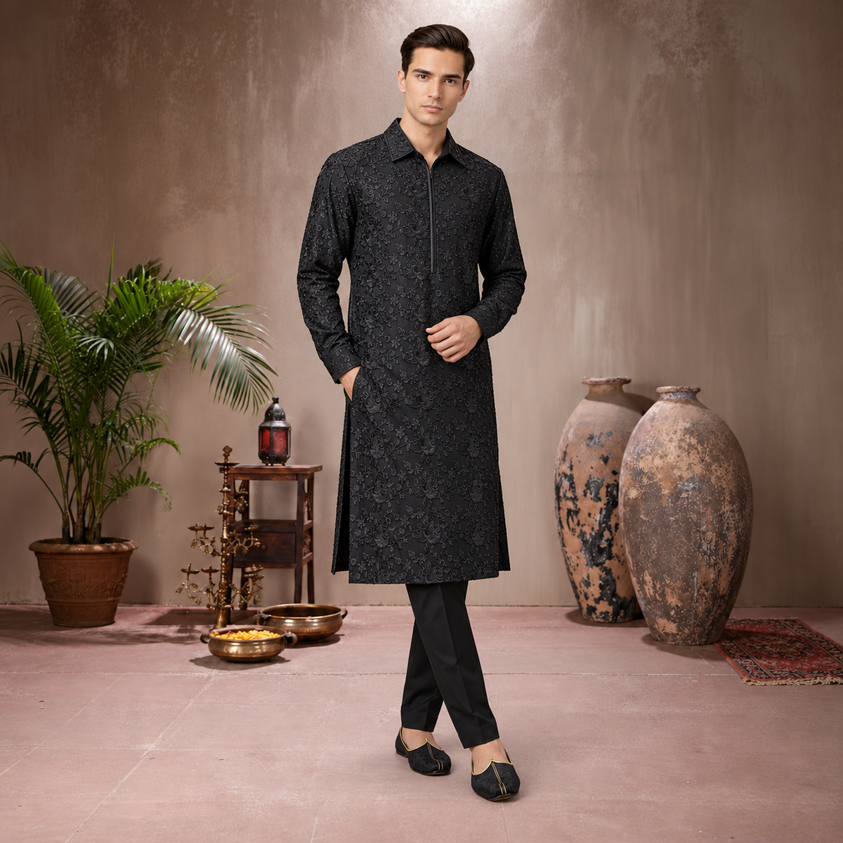 Chiffon Black Emb Shirt Collar Suit