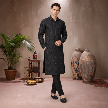 Chiffon Black Emb Shirt Collar Suit