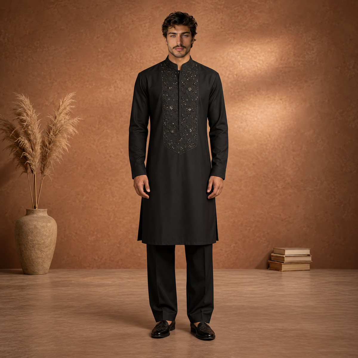 Chiffon Black Sequin Emb Collar Suit