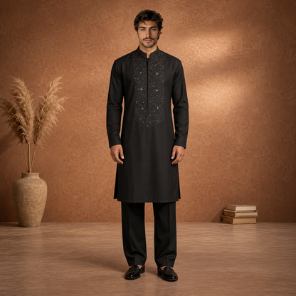 Chiffon Black Sequin Emb Collar Suit