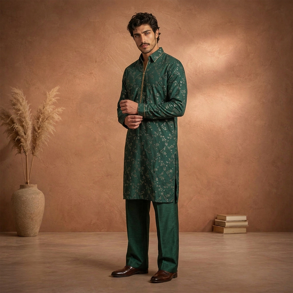 Chiffon Green Emb Shirt Collar Suit