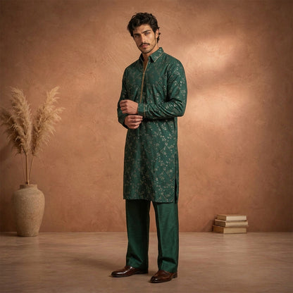 Chiffon Green Emb Shirt Collar Suit