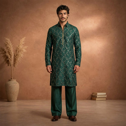 Chiffon Green Emb Shirt Collar Suit