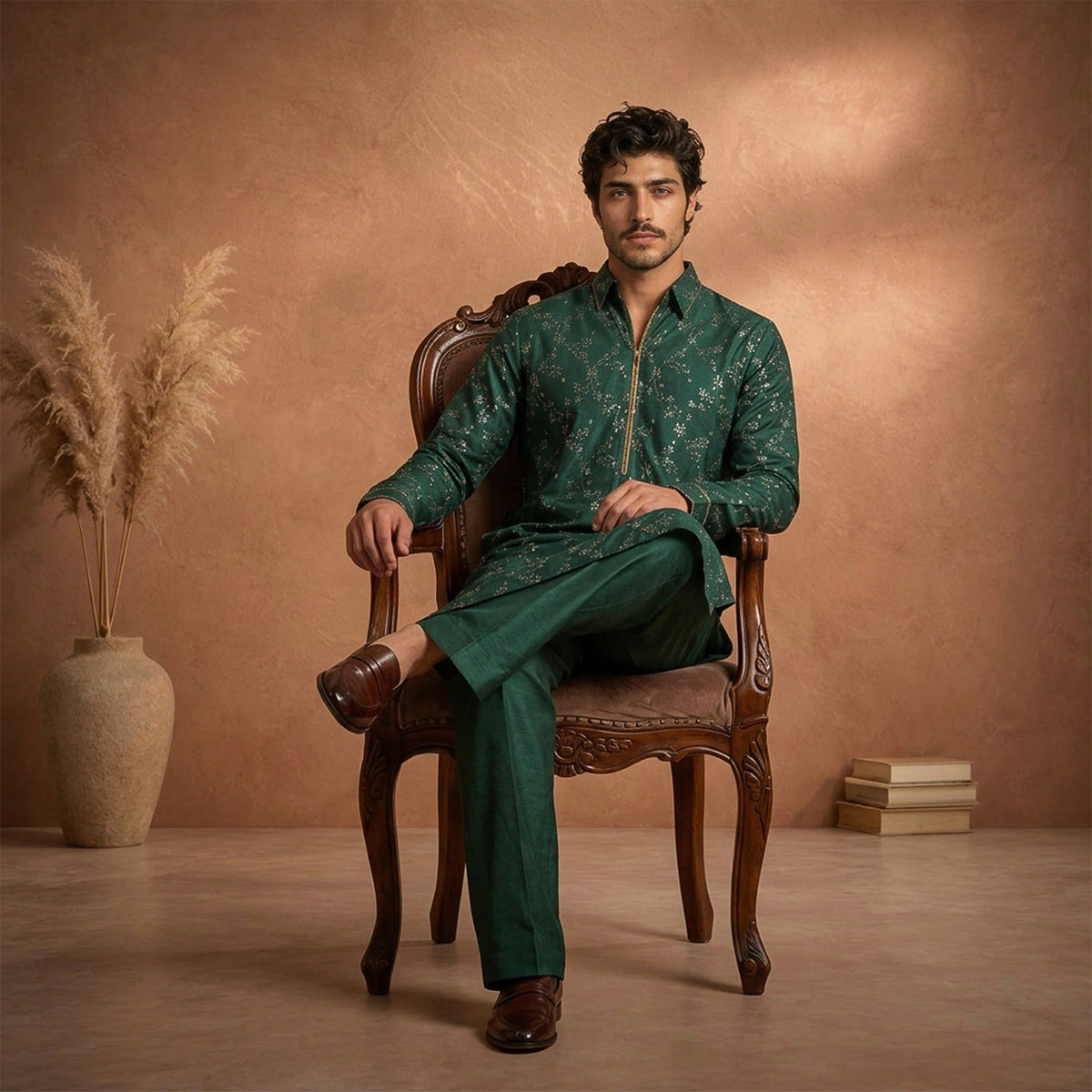 Chiffon Green Emb Shirt Collar Suit
